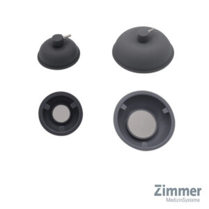 Ensemble de quatre électrodes forme cloche en plastique gris de taille différente en vue de dessus et de dessous pour équipement pour kiné Zimmer