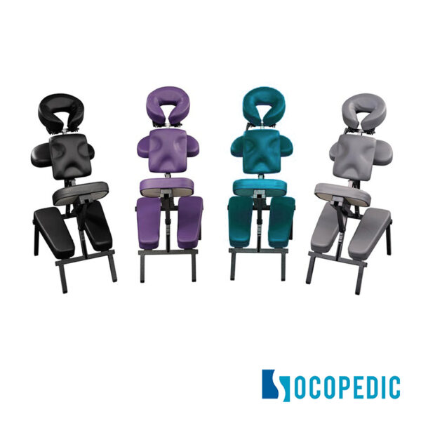 Quatre chaises de massage de couleurs noir, violet, vert et gris de marque Socopedic