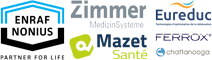 Logos des marques Enraf Nonius, Zimmer, Mazet Santé, Eureduc, Ferrox et Chattanooga